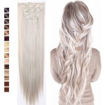 S-noilite 26 Long Straight Curly 8 Pcs Clip in on Hair Extensions Blonde Mix Light Grey Full Head Set Thick Hairpiece Synthetic Hair Extensions for Girl Lady Women