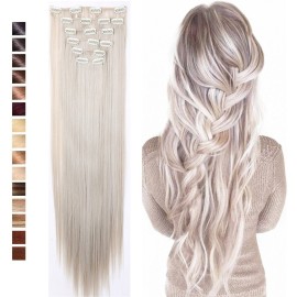 S-noilite 26 Long Straight Curly 8 Pcs Clip in on Hair Extensions Blonde Mix Light Grey Full Head Set Thick Hairpiece Synthetic Hair Extensions for Girl Lady Women