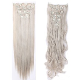S-noilite 26 Long Straight Curly 8 Pcs Clip in on Hair Extensions Blonde Mix Light Grey Full Head Set Thick Hairpiece Synthetic Hair Extensions for Girl Lady Women S-noilite 26 Long Straight Curly 8 Pcs Clip in on Hair Extensions Blonde Mix Light Grey Full Head Set Thick Hairpiece Synthetic Hair Extensions for Girl Lady Women