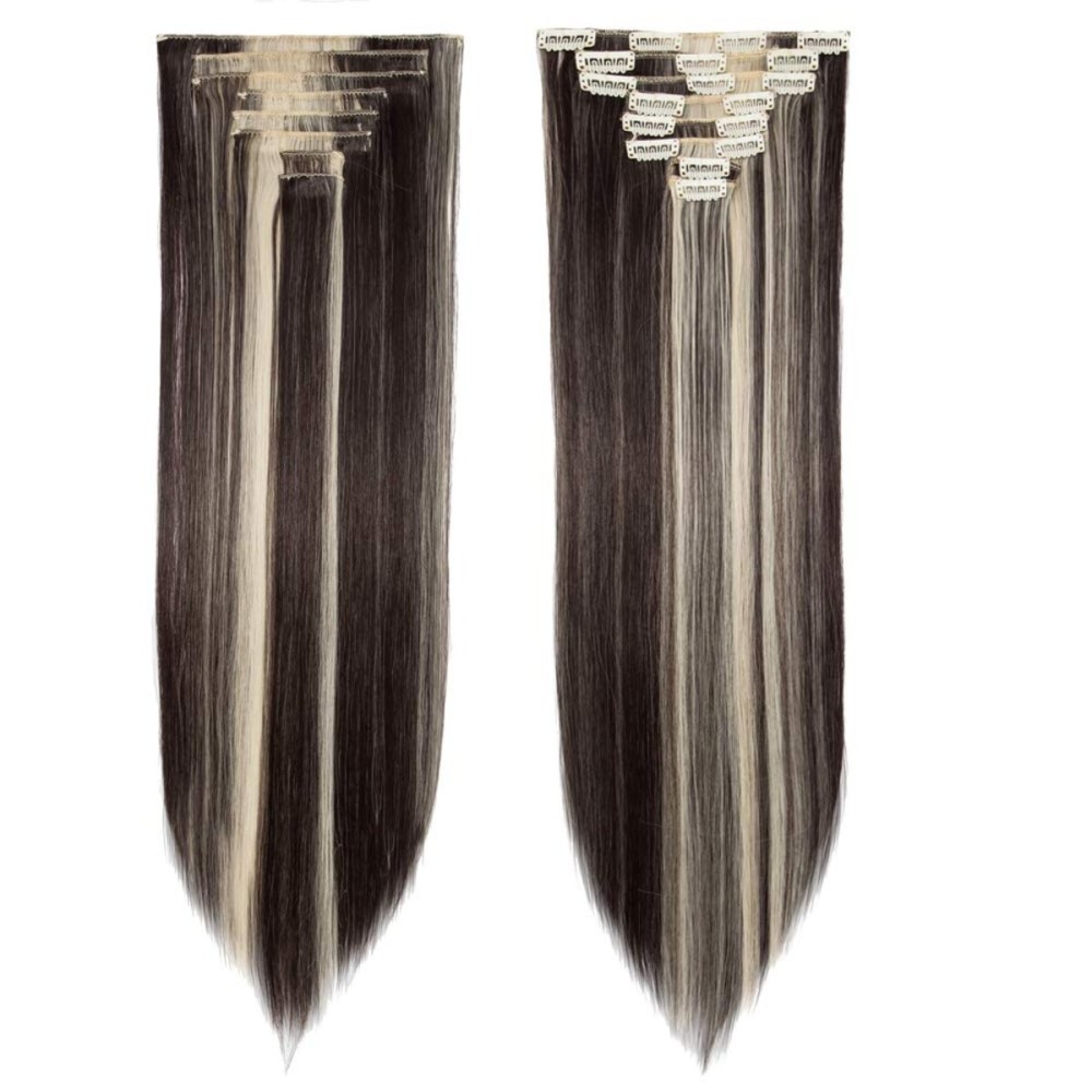 S-noilite 26 Straight Curly Full Head 8 Piece 18 clips Clip in Hair Extensions Long Straight Clip on Hair Extensions with Highlights(26 straight, Dark Brown & Bleach Blonde)