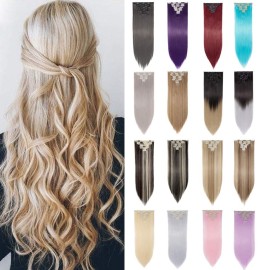 S-noilite 26 Straight Curly Full Head 8 Piece 18 clips Clip in Hair Extensions Long Straight Clip on Hair Extensions with Highlights(26 straight, Dark Brown & Bleach Blonde)