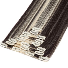 S-noilite 26 Straight Curly Full Head 8 Piece 18 clips Clip in Hair Extensions Long Straight Clip on Hair Extensions with Highlights(26 straight, Dark Brown & Bleach Blonde)