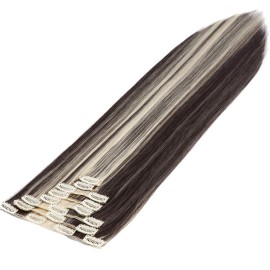 S-noilite 26 Straight Curly Full Head 8 Piece 18 clips Clip in Hair Extensions Long Straight Clip on Hair Extensions with Highlights(26 straight, Dark Brown & Bleach Blonde)