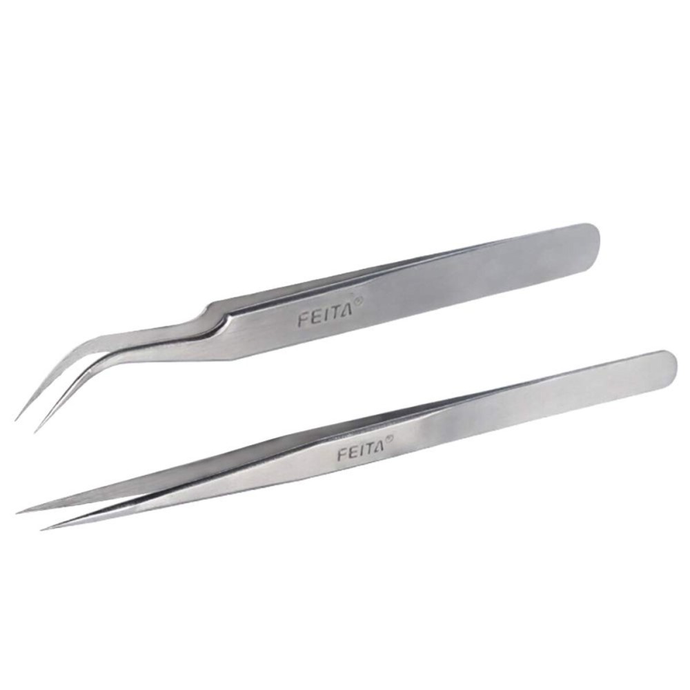 Best Eyelash Extension Tweezer Set - FEITA Pro Straight & Curved Pointy Precision Fine Tip Tweezers for Lash Extensions - Silver - 2Pcs Best Eyelash Extension Tweezer Set - FEITA Pro Straight & Curved Pointy Precision Fine Tip Tweezers for Lash Extensions - Silver - 2Pcs