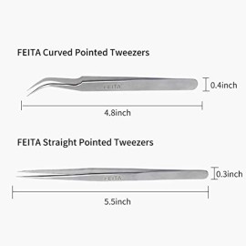 Best Eyelash Extension Tweezer Set - FEITA Pro Straight & Curved Pointy Precision Fine Tip Tweezers for Lash Extensions - Silver - 2Pcs Best Eyelash Extension Tweezer Set - FEITA Pro Straight & Curved Pointy Precision Fine Tip Tweezers for Lash Extensions - Silver - 2Pcs