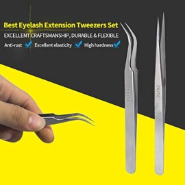Best Eyelash Extension Tweezer Set - FEITA Pro Straight & Curved Pointy Precision Fine Tip Tweezers for Lash Extensions - Silver - 2Pcs Best Eyelash Extension Tweezer Set - FEITA Pro Straight & Curved Pointy Precision Fine Tip Tweezers for Lash Extensions - Silver - 2Pcs