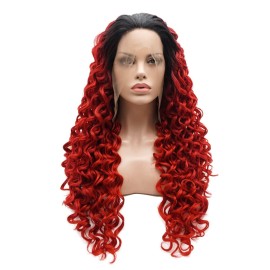 Lushy Hair Kinky Curly Long 26inch Dark Root Red Ombre Wig Heavy Density Heat Resistant Realistic Synthetic Lace Front Wig