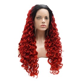 Lushy Hair Kinky Curly Long 26inch Dark Root Red Ombre Wig Heavy Density Heat Resistant Realistic Synthetic Lace Front Wig