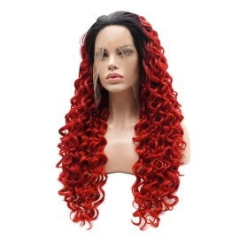 Lushy Hair Kinky Curly Long 26inch Dark Root Red Ombre Wig Heavy Density Heat Resistant Realistic Synthetic Lace Front Wig