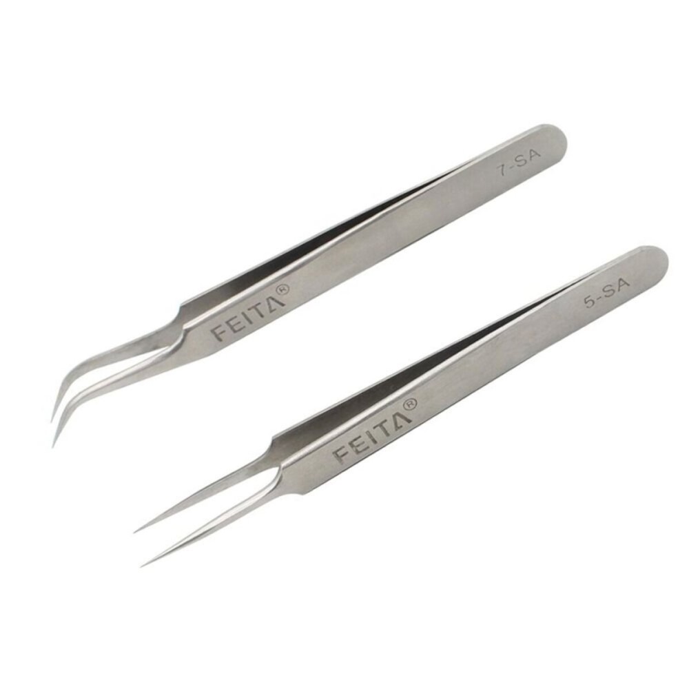 FEITA Precision Eyelash Extension Tweezers Set - Professional Straight & Curved Pointed Very Fine Tip Tweezers for Lash Extensions - Silver - 2Pcs FEITA Precision Eyelash Extension Tweezers Set - Professional Straight & Curved Pointed Very Fine Tip Tweezers for Lash Extensions - Silver - 2Pcs