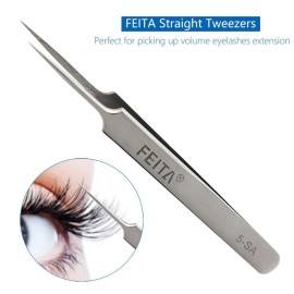 FEITA Precision Eyelash Extension Tweezers Set - Professional Straight & Curved Pointed Very Fine Tip Tweezers for Lash Extensions - Silver - 2Pcs FEITA Precision Eyelash Extension Tweezers Set - Professional Straight & Curved Pointed Very Fine Tip Tweezers for Lash Extensions - Silver - 2Pcs
