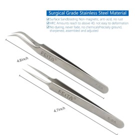 FEITA Precision Eyelash Extension Tweezers Set - Professional Straight & Curved Pointed Very Fine Tip Tweezers for Lash Extensions - Silver - 2Pcs FEITA Precision Eyelash Extension Tweezers Set - Professional Straight & Curved Pointed Very Fine Tip Tweezers for Lash Extensions - Silver - 2Pcs