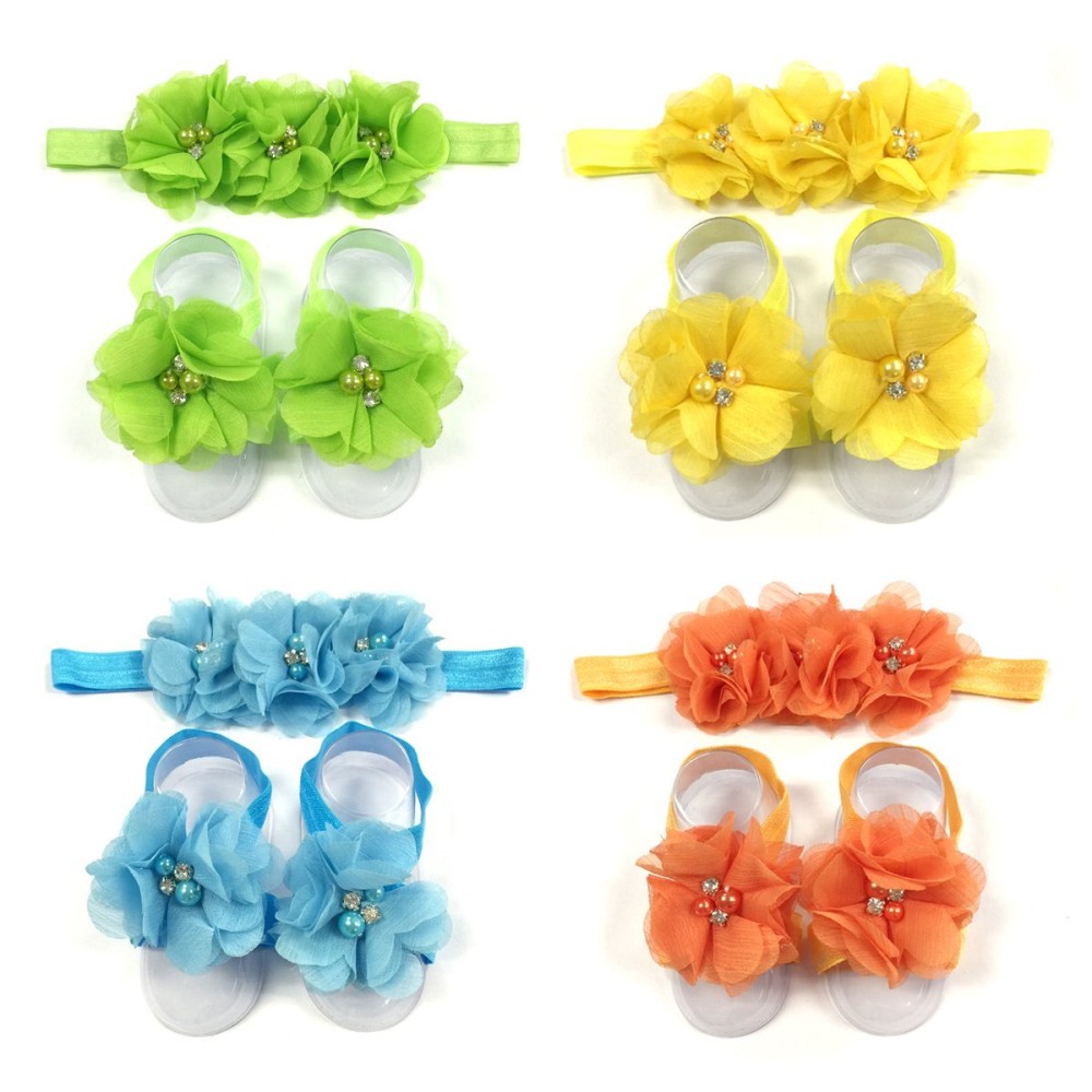 ALLYDREW Baby Girl Barefoot Flower Sandals & Headbands Set Chiffon Flower Baby Sandals - Sunshine (set of 4),One Size