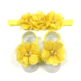 ALLYDREW Baby Girl Barefoot Flower Sandals & Headbands Set Chiffon Flower Baby Sandals - Sunshine (set of 4),One Size