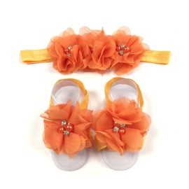 ALLYDREW Baby Girl Barefoot Flower Sandals & Headbands Set Chiffon Flower Baby Sandals - Sunshine (set of 4),One Size