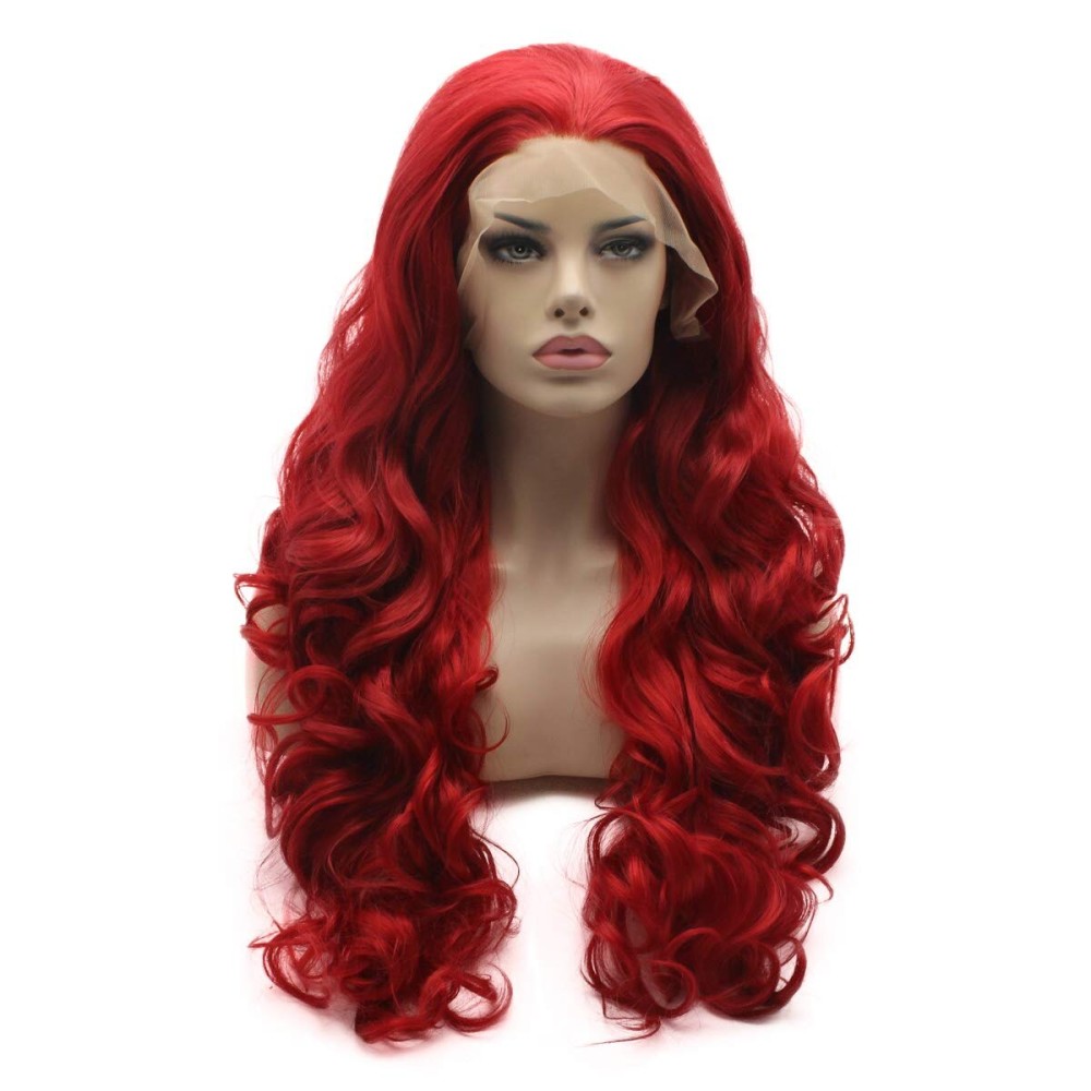 Lushy Wavy Long 26inch Red Heat Resistant Heavy Density Realistic Synthetic Lace Front Wig