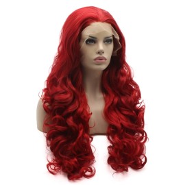 Lushy Wavy Long 26inch Red Heat Resistant Heavy Density Realistic Synthetic Lace Front Wig