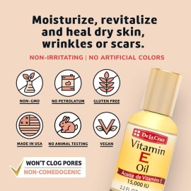 De La Cruz Vitamin E Oil, Vitamin E Oil with Safflower for Skin, Hair, Face and Body, 2.2 FL OZ. (2 Bottles)
