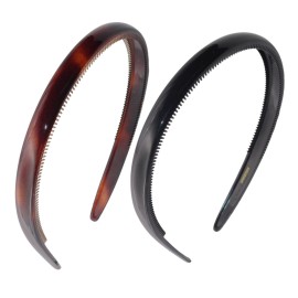 Parcelona French Reg Tortoise Shell Brown and Black 1/2 Wide Celluloid Made in France Set of 2 Hair Headbands with Inner Teeth Nibs for Women and Girls