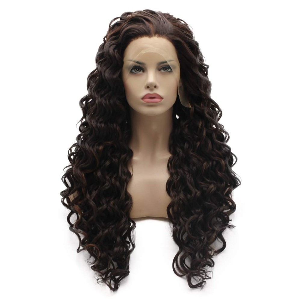 Lushy Long Curly Auburn Brown Mix Wig Full Density Half Hand Tied Heat Friendly Synthetic Lace Front Wig