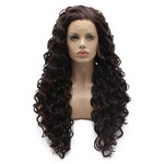 Lushy Long Curly Auburn Brown Mix Wig Full Density Half Hand Tied Heat Friendly Synthetic Lace Front Wig