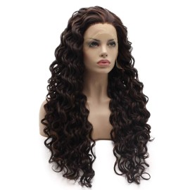 Lushy Long Curly Auburn Brown Mix Wig Full Density Half Hand Tied Heat Friendly Synthetic Lace Front Wig