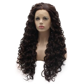 Lushy Long Curly Auburn Brown Mix Wig Full Density Half Hand Tied Heat Friendly Synthetic Lace Front Wig