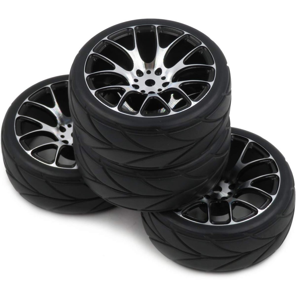 hobbysoul 4pcs New RC 1/10 On Road Tires Soft & Alloy Aluminum Rims Hex 12mm