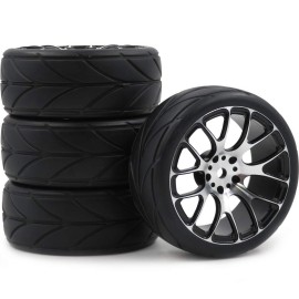 hobbysoul 4pcs New RC 1/10 On Road Tires Soft & Alloy Aluminum Rims Hex 12mm