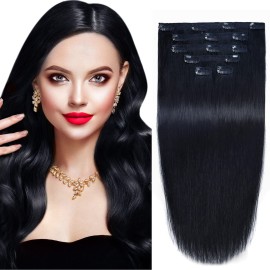 18Clip in Remy Human Hair Extensions Double Weft Thick to Ends Jet Black(1) 6pieces 70Grams/2.45oz