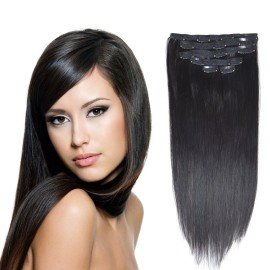 20Real Clip in Hair Extensions Remy Human Hair Double Weft Thick to Ends Off Black(1B) 6pieces 85Grams/2.98oz