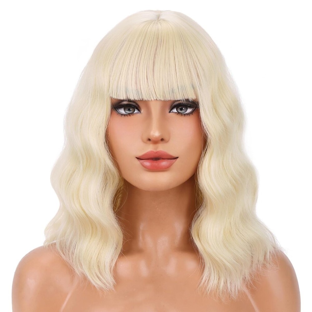 BERON 14 Inches Blonde Wig for Women Short Curly Wig Blonde Wigs with Bangs Bob Blonde Wigs for Daily Party Hairnet Include