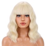 BERON 14 Inches Blonde Wig for Women Short Curly Wig Blonde Wigs with Bangs Bob Blonde Wigs for Daily Party Hairnet Include