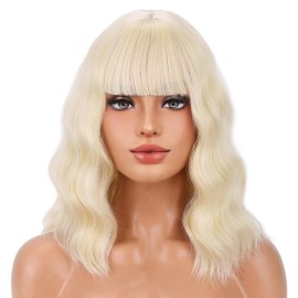 BERON 14 Inches Blonde Wig for Women Short Curly Wig Blonde Wigs with Bangs Bob Blonde Wigs for Daily Party Hairnet Include