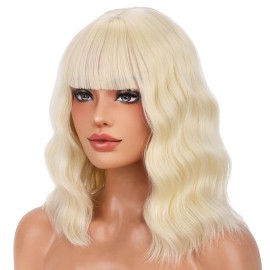 BERON 14 Inches Blonde Wig for Women Short Curly Wig Blonde Wigs with Bangs Bob Blonde Wigs for Daily Party Hairnet Include