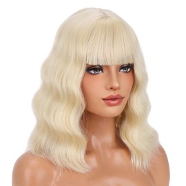 BERON 14 Inches Blonde Wig for Women Short Curly Wig Blonde Wigs with Bangs Bob Blonde Wigs for Daily Party Hairnet Include