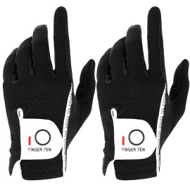 FINGER TEN Men\'s Golf Gloves for Right Left Handed Golfer Rain Grip Value 2 Pack, Golf Glove for Hot Wet Weather No Sweat Black Gray White Blue (Black, Large-Worn on Left Hand)