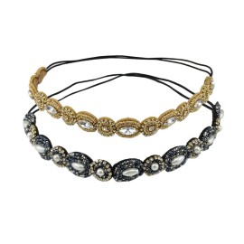 yueton Pack of 2 Handmade Crystal Rhinestone Beads Elastic Headband Hair Band Women Hair Accessories (Navy blue + Gold)