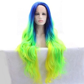 Xiweiya 13x3 Lace Multi-color Wigs Ombre Neon Yellow Green with Blue Roots Wig Long Natural Straight Lace Front Wig for Women Heat Resistant Fiber Hair for Women, Drag queen Cosplay Wigs 24 Inches