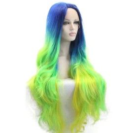 Xiweiya 13x3 Lace Multi-color Wigs Ombre Neon Yellow Green with Blue Roots Wig Long Natural Straight Lace Front Wig for Women Heat Resistant Fiber Hair for Women, Drag queen Cosplay Wigs 24 Inches