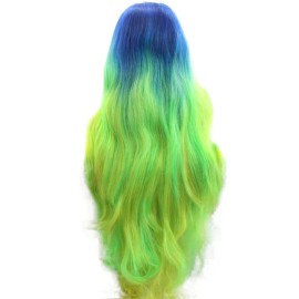 Xiweiya 13x3 Lace Multi-color Wigs Ombre Neon Yellow Green with Blue Roots Wig Long Natural Straight Lace Front Wig for Women Heat Resistant Fiber Hair for Women, Drag queen Cosplay Wigs 24 Inches