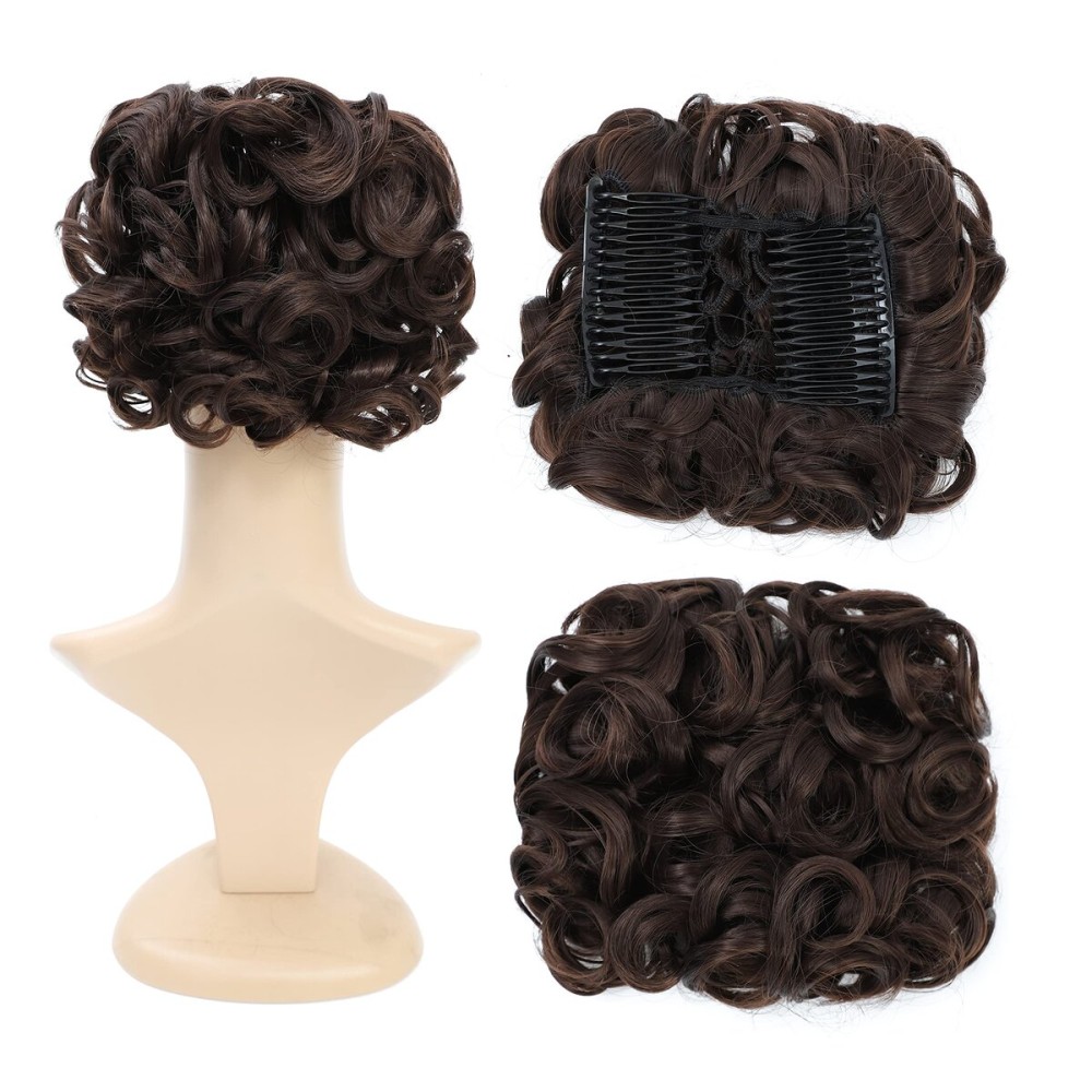 SWACC Short Messy Curly Dish Hair Bun Extension Easy Stretch hair Combs Clip in Ponytail Extension Scrunchie Chignon Tray Ponytail Hairpieces (Dark Brown-4)