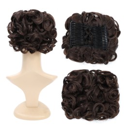 SWACC Short Messy Curly Dish Hair Bun Extension Easy Stretch hair Combs Clip in Ponytail Extension Scrunchie Chignon Tray Ponytail Hairpieces (Dark Brown-4)