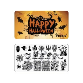 PUEEN Nail Art Stamping Plate - Halloween Party 01 - Theme Park Collection 125x65mm Unique Nailart Polish Stamping Manicure Image Plates Accessories Kit - BH000725