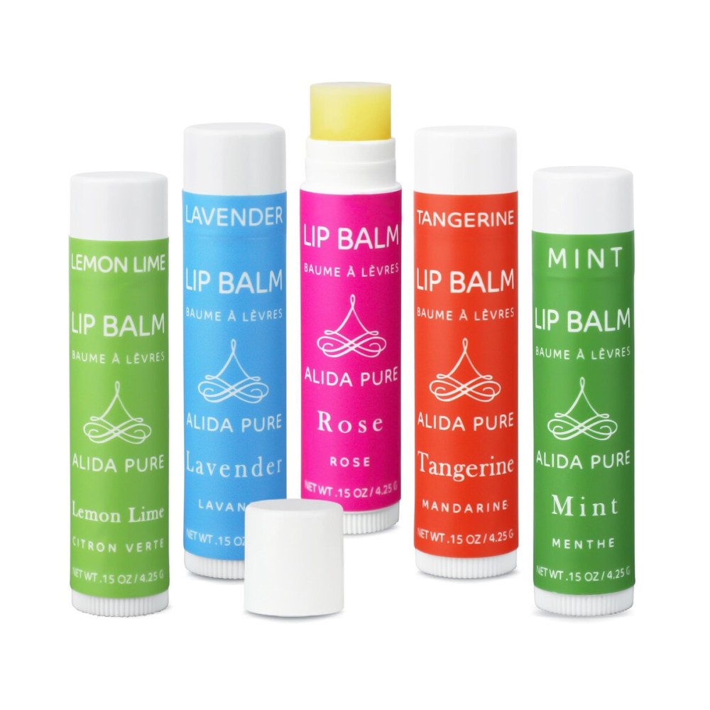 ALIDA PURE Aria Lip Balm Collection, Vegan Set, Beeswax Free, with Organic Jojoba and Avocado Oil, Vitamin E, Natural Moisturizer for Dry, Chapped Lips, 5 Tube Set