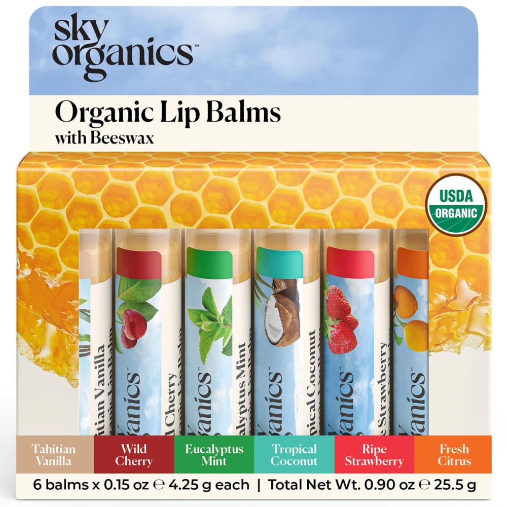 Sky Organics Organic Lip Balms With Beeswax for Lips, USDA Certified Organic, Six Assorted Flavors to Moisturize, Soothe & Soften, 6pk.