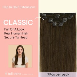 Full Shine Clip in Hair Extensions Real Human Hair Brown Remy Hair Extensions Clip ins Brown Human Hair Extensions Natural Brazilian Straight Hair Extensions 20 inch 7Pcs 120g