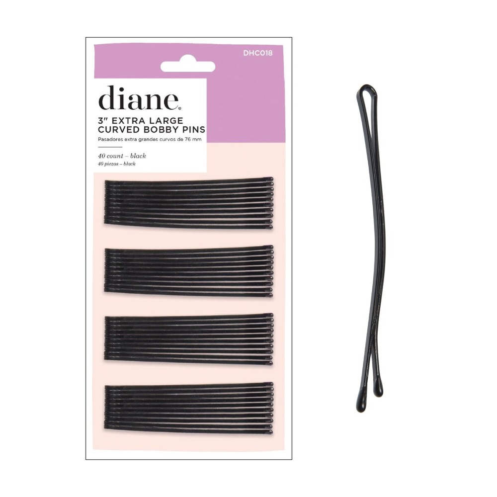 Diane 3 Curved Black Bobby Pins for Women, Girls, Salon, Hairdressing, Rollers, Long and Thick Hair, Large Flat Hair Pins with Ball Tips for Securing Updos, Flyaways, 40 Count