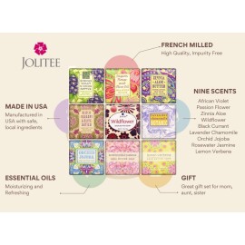 Jolitee French Milled Botanical Soap Sampler Set of 9 - Individually Wrapped Vegetable-Based Mini Soaps with Essential Oils, Shea Butter, and Natural Extracts (Floral Favorites)