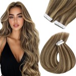 Sunny Hair Tape in Hair Extensions Real Human Hair Invisible Remy Hair Extensions Tape ins for Women Dark Brown Highlight Caramel Blonde 22 inch 20Pcs 50G